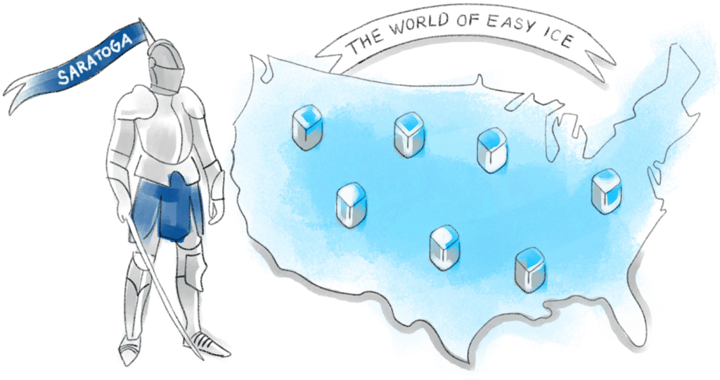cartoon of Saratoga knight near USA and Easy Ice machines