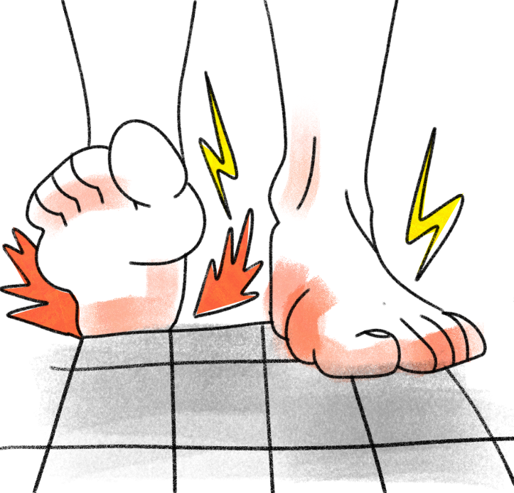 ouch! cartoon showing red lighting and pain from walking on a grid meant to simulate concrete
