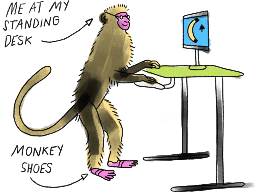 cartoon of monkey working at a standing desk which looks remarkably like me