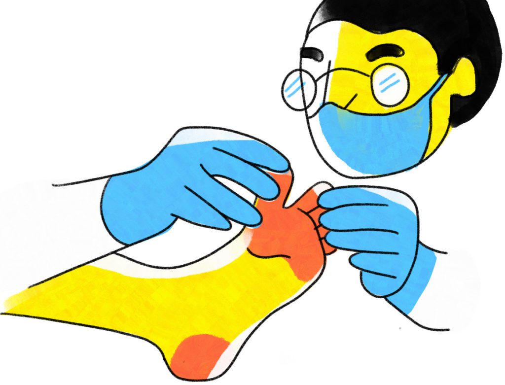 doctor looking at a barefoot, cartoon podiatrist