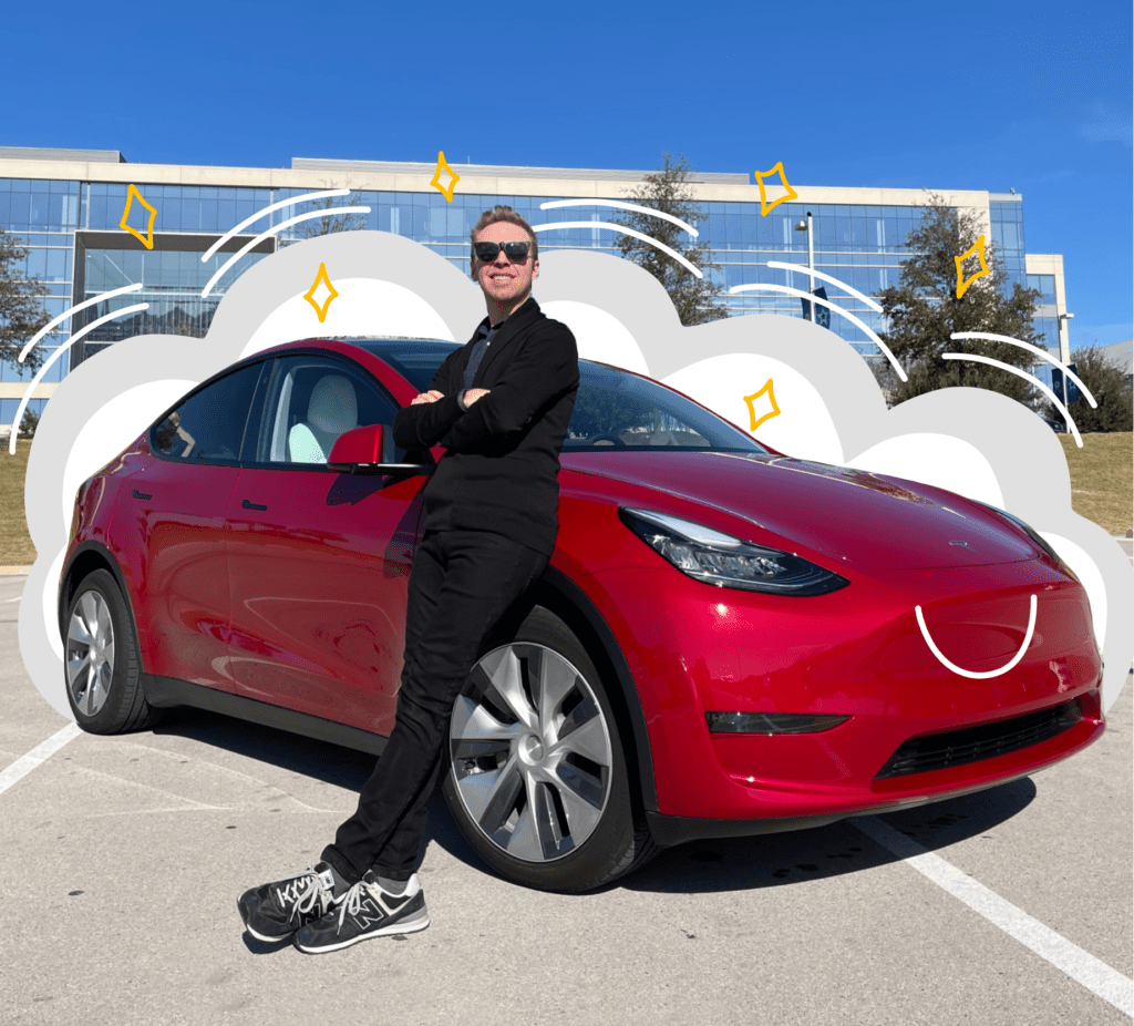 Nick Gray standing in front of a Tesla Model Y that is red in color, with some cartoon-ish effects added around the car