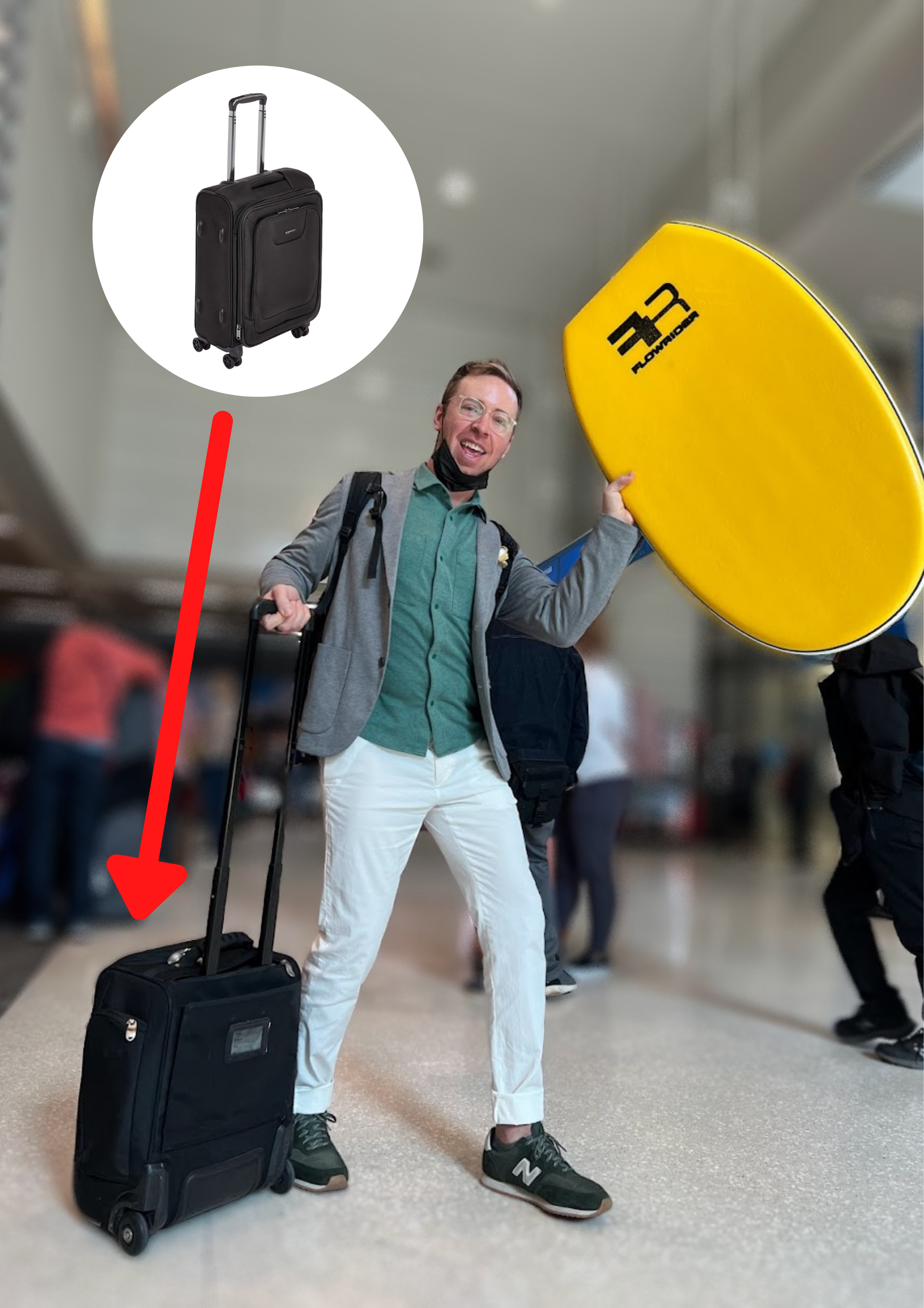 Nick Gray holding his suitcase in an airport