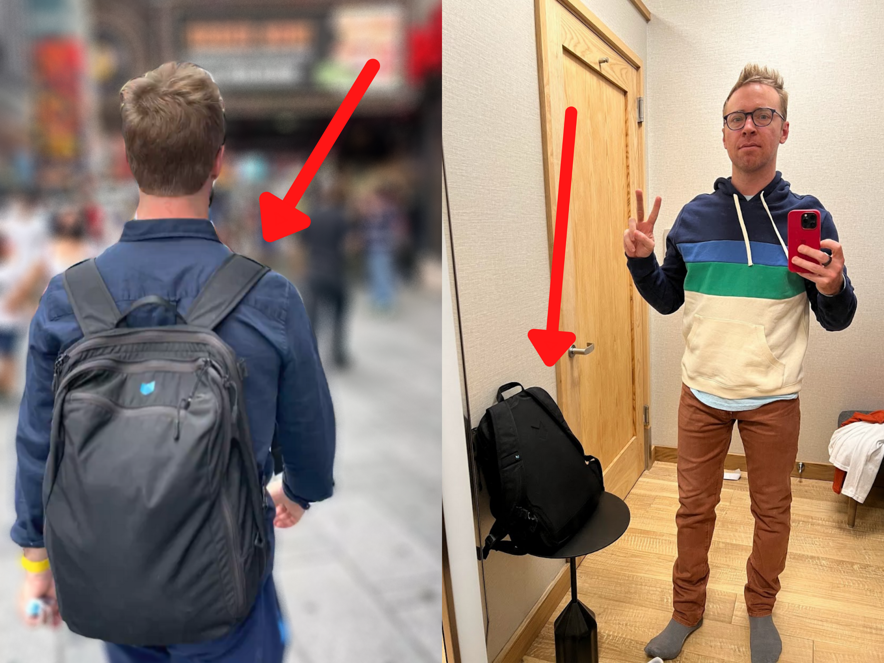 photo of Nick Gray wearing the Daily Bag on the left. selfie photo of Nick Gray with the daily back on the right.