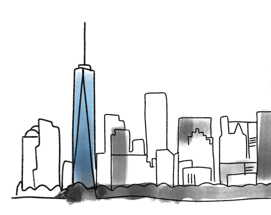 Cartoon of skyline featuring 1 World Trade Center
