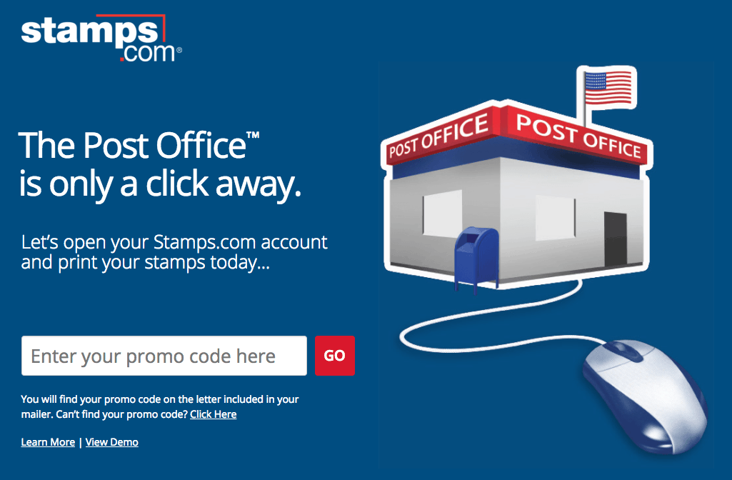 Stamps.com image says "The Post Office is only a click away"