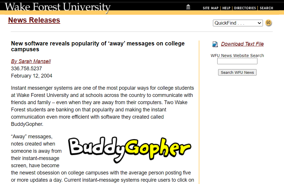 Screenshot of Wake Forest. With BuddyGopher Header Title.