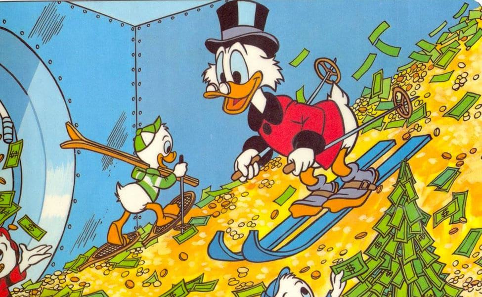 Scrooge from Duck Tales skiing down a mountain of gold