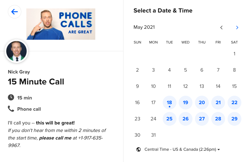 screenshot of Calendly calendar page for Nick Gray