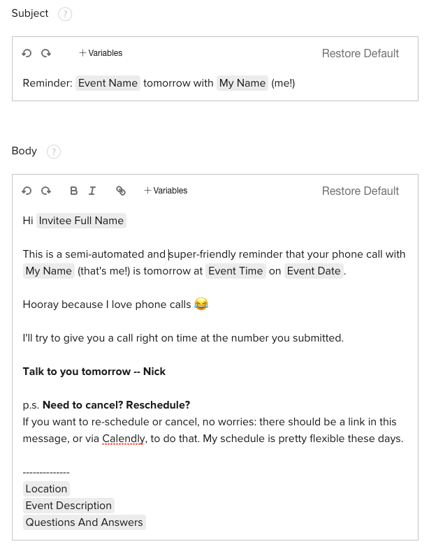 another screenshot from Calendly settings on the reminder message