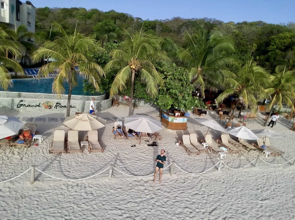 White sand beach and green trees, man in a Speedo