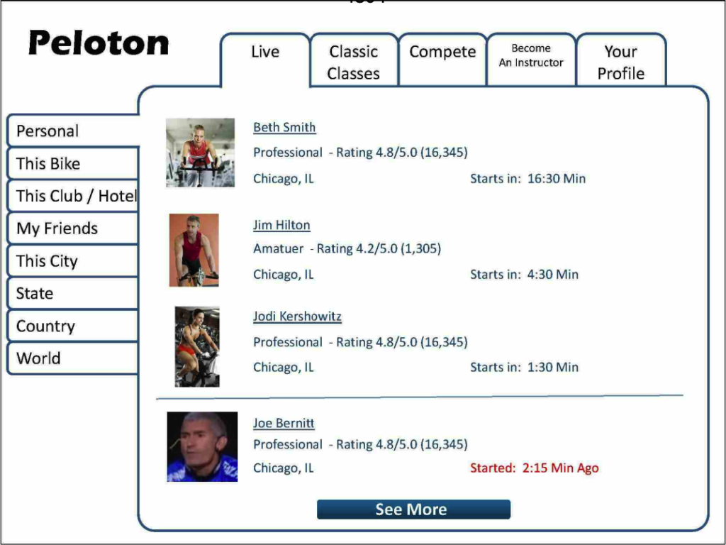 A screenshot of the Peloton app showing a list of streamers that are doing a live show