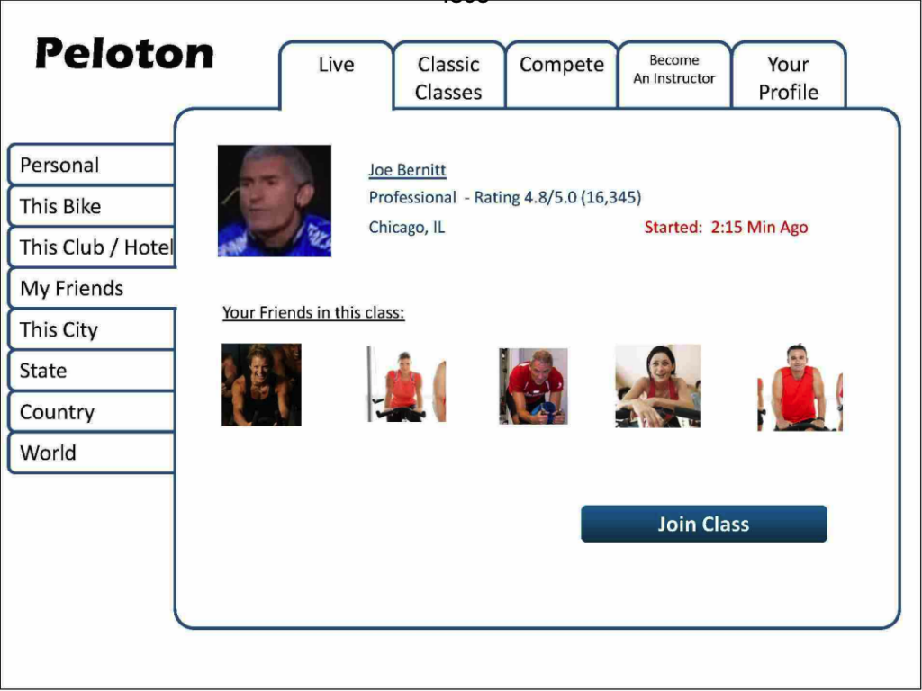 A screenshot of the Peloton app showing the list of friends of the user and an option to join the class