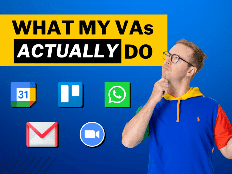 Header text: What my VAs actually do, with a headshot photo of Nick Gray in a thinking pose, with logos of different platforms