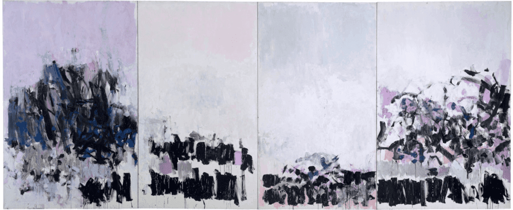 Painting on white canvas with black and other color scribbles
