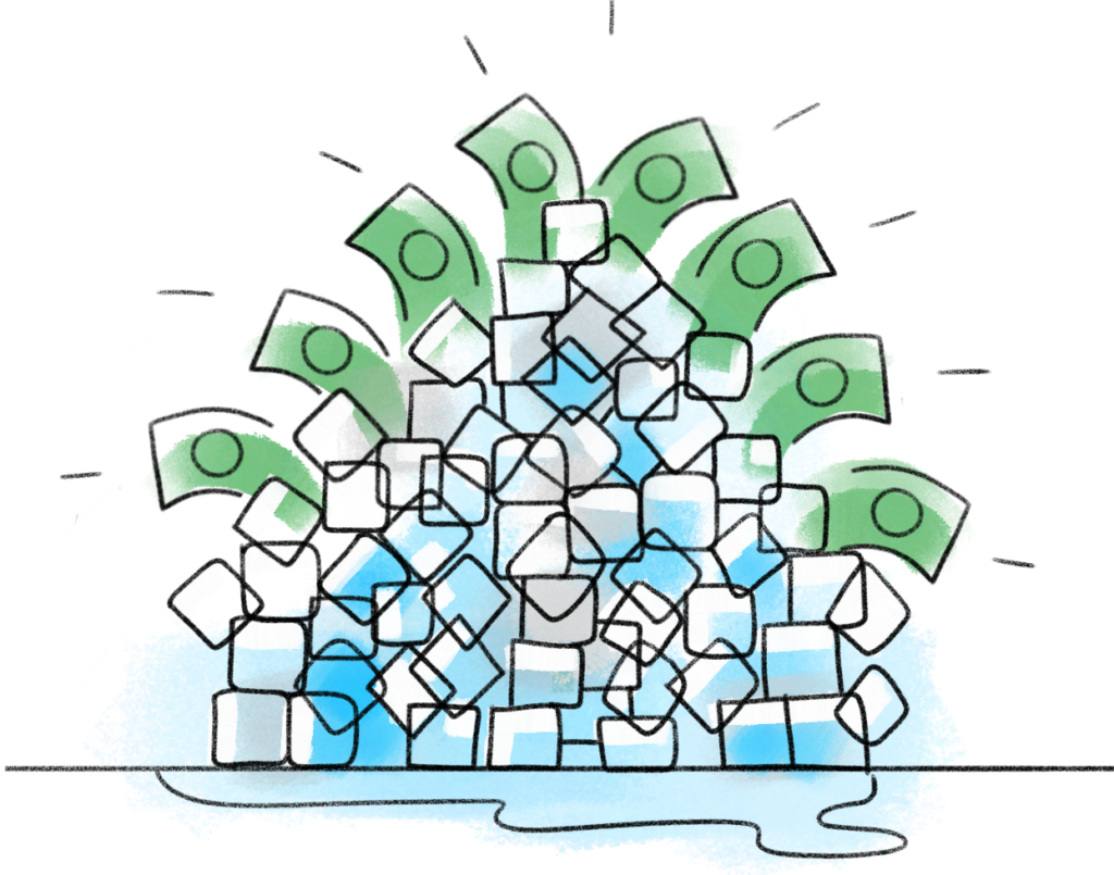 cartoon drawing of ice cubes and dollar bills
