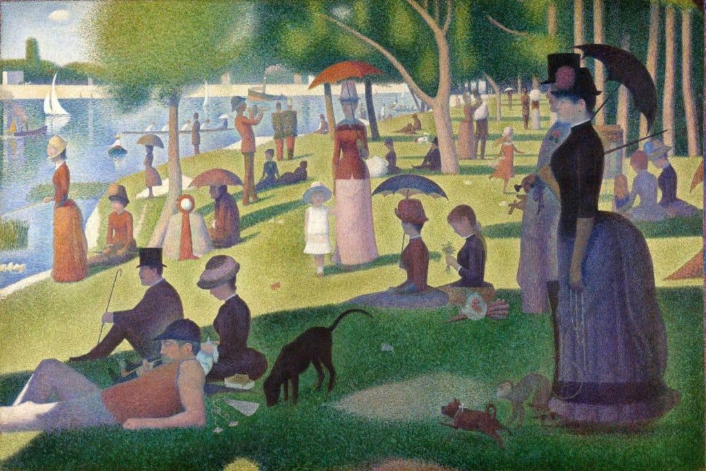 painting with people looking at a lake