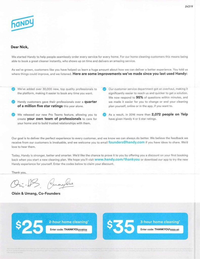 Marketing direct mail letter from Handy founders