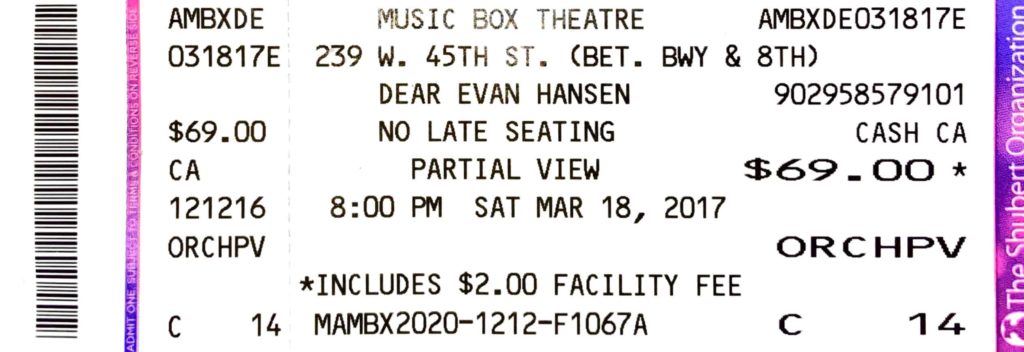 Dear Evan Hansen ticket on Broadway