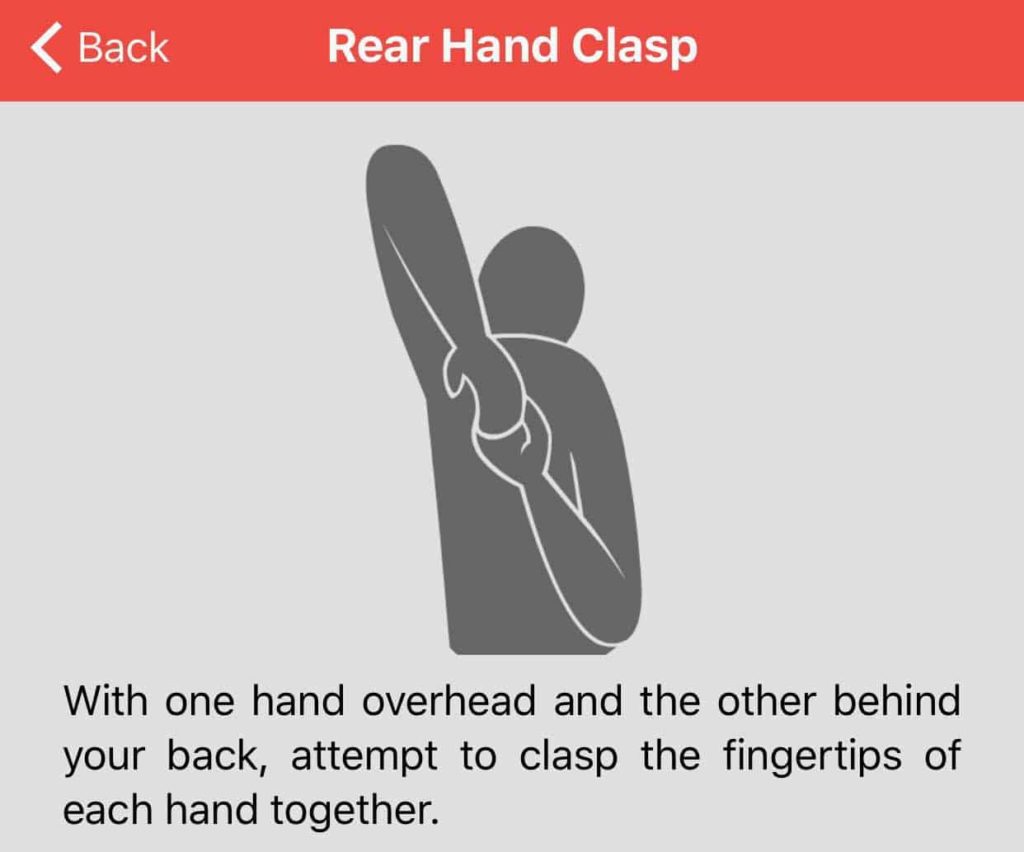 Cartoon of a person reaching behind their back for Rear Hand Clasp