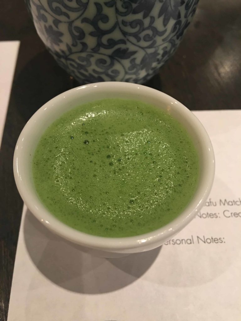 First serving of matcha, in a little tea shot cup.