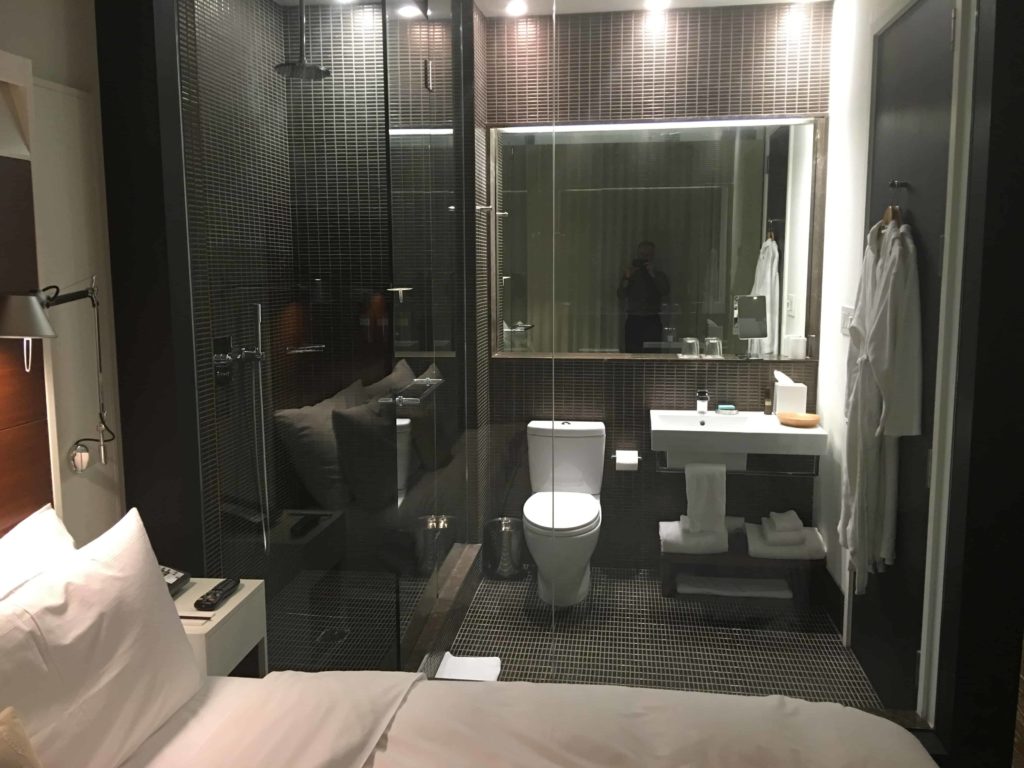 Bathroom view from the bed. There's an electrical curtain for privacy.