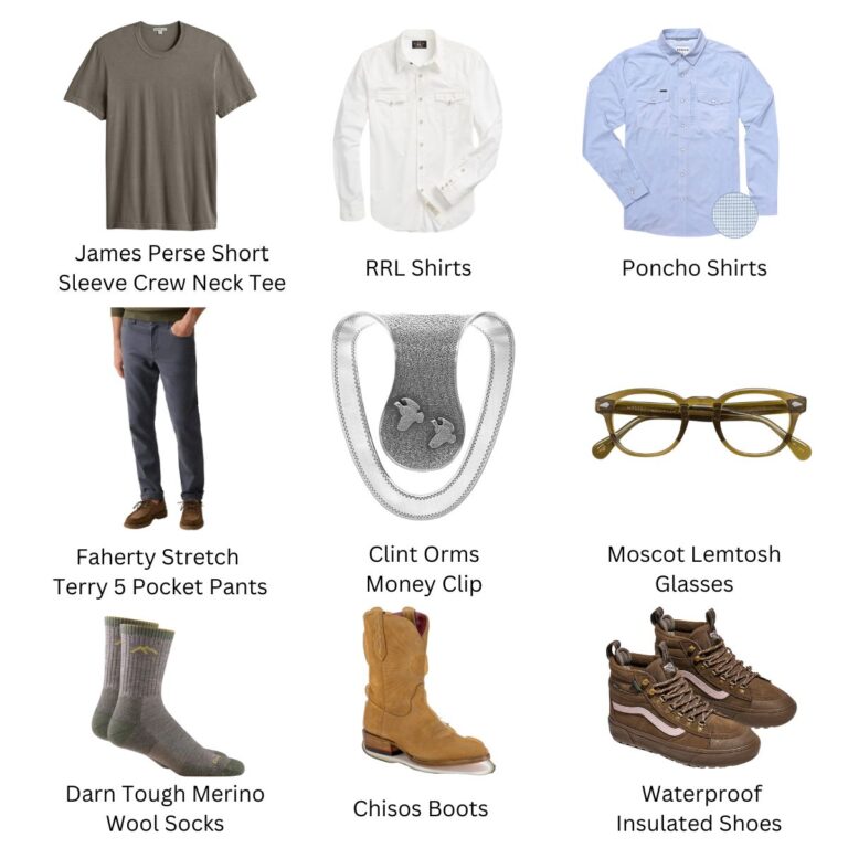 Grid image of shirt, button down shirts, pants, money clip, glasses, socks, boots, and shoes