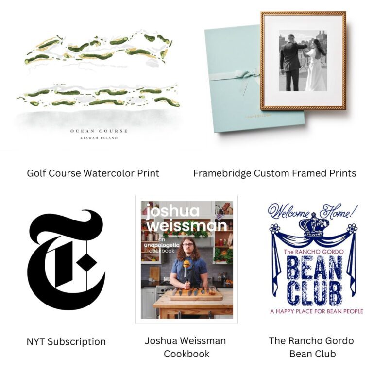 Grid image of golf prints, picture frame, new york time logo, cookbook, bean club logo