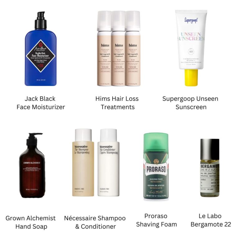 Grid image of moisturizer, hair loss products, sunscreen, hand wash, shampoo and conditioner, shaving foam, and perfume