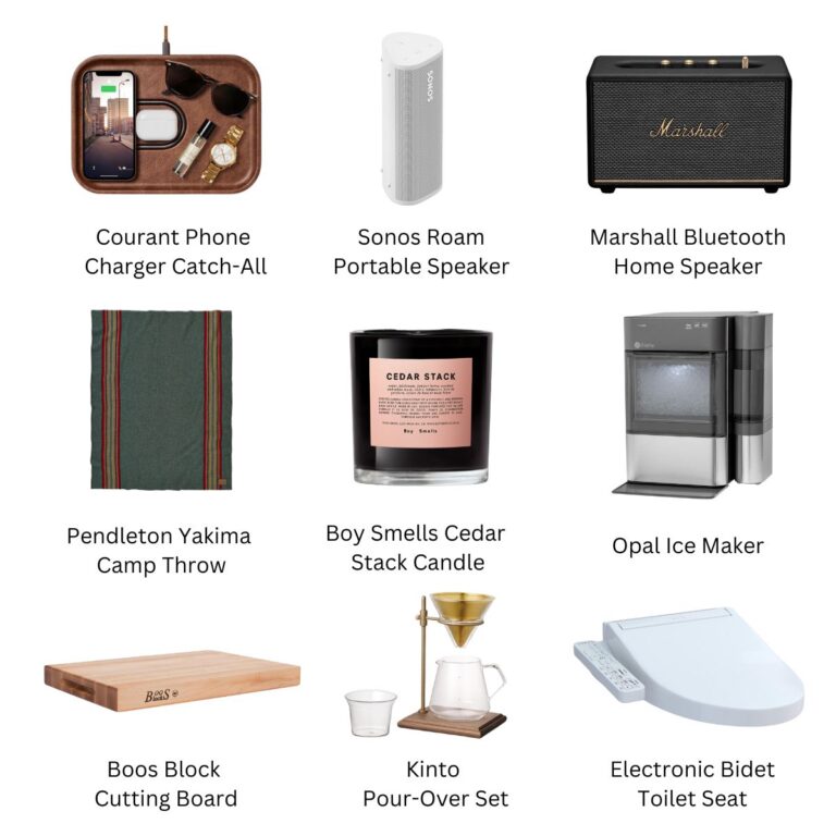 Grid image of side table charger, speakers, blanket, candle, ice maker, cutting board, coffee set, bidet seat