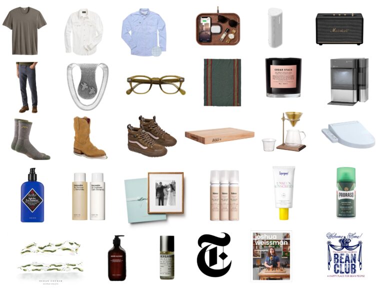 grid of images including shifts, pants, boots, cologne, and more