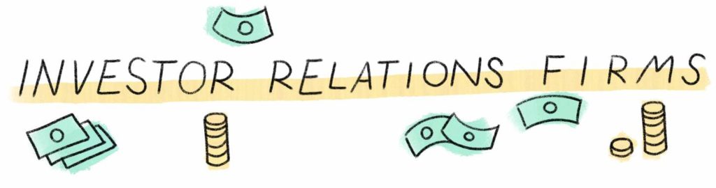Text banner: Investor Relations Firms, with money and gold coins