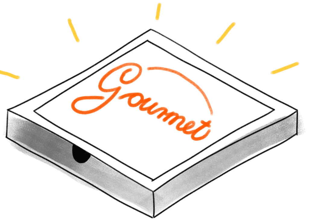 Pizza box that says GOURMET on it