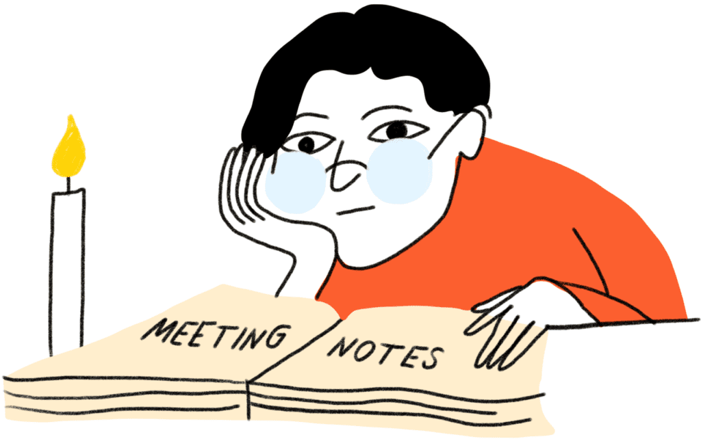 A dark haired fellow in glasses is hunching over a large book. Meeting notes i written on the book. He seems very bored. A candle is next to him.