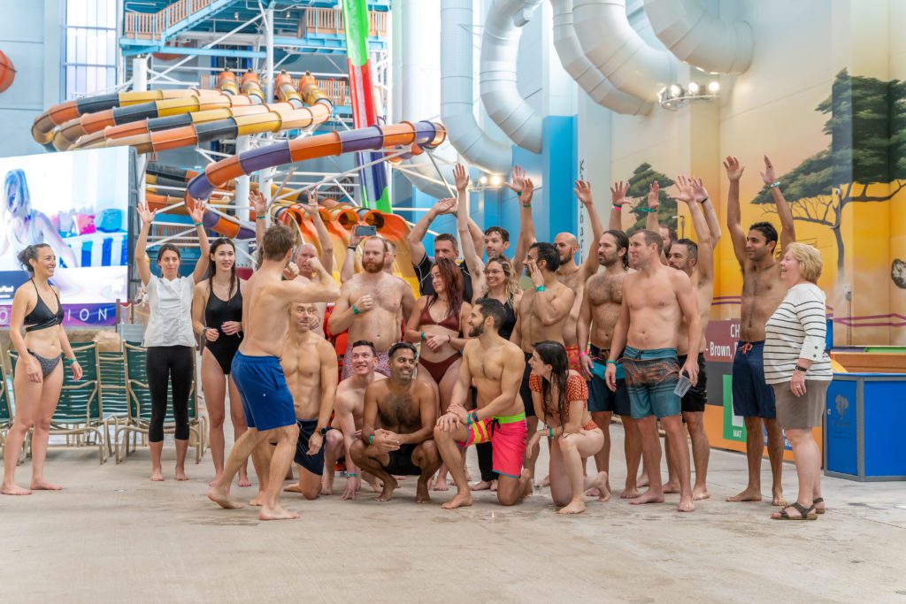 group photo at Kalahari Waterpark for adult birthday party