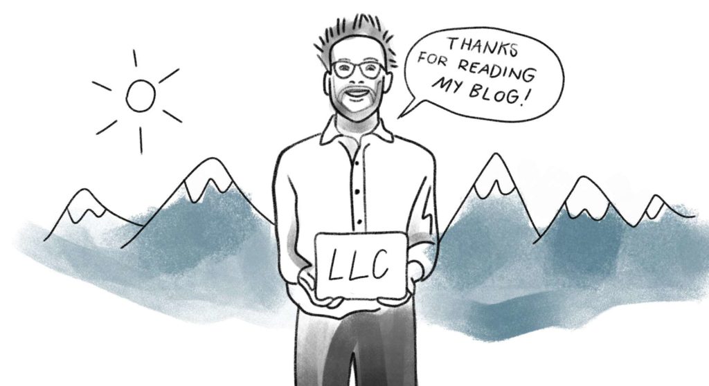Cartoon version of me, in front of mountains, holding an LLC cert