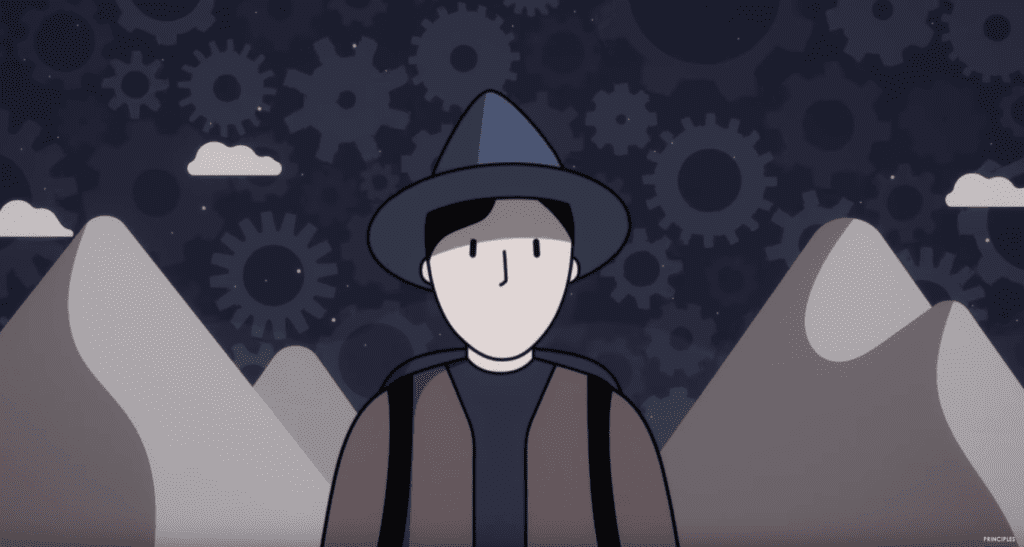 Animated hero character of Principles, standing in front of hills with many gears behind him