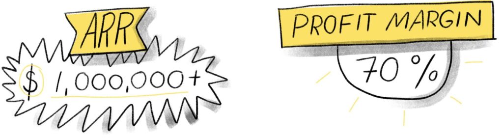 Cartoon showing ARR $1M and 70% profit margin of this SaaS for sale