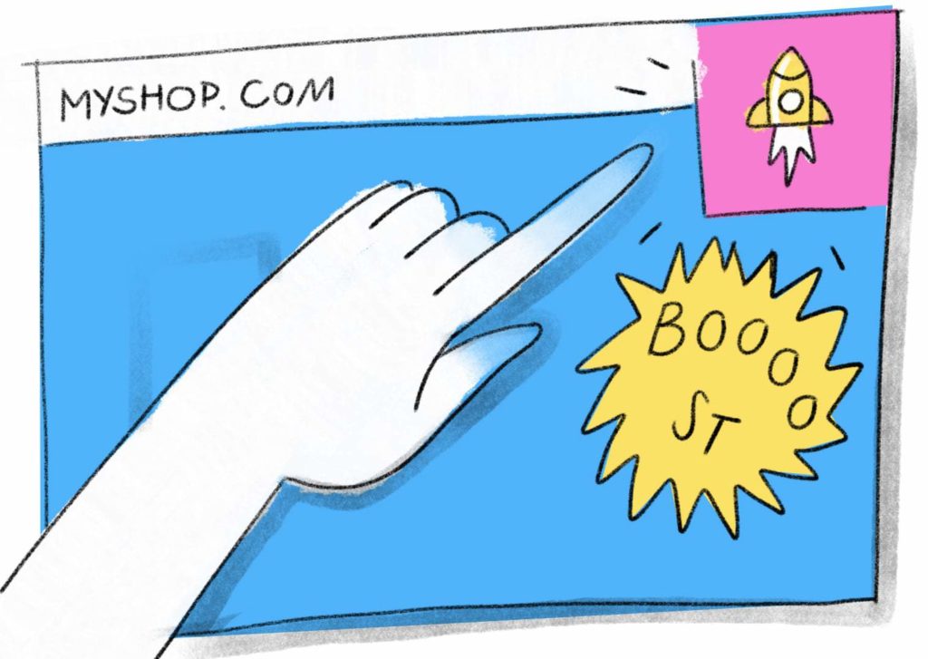Finger pointing at website, with a rocket going BOOOST