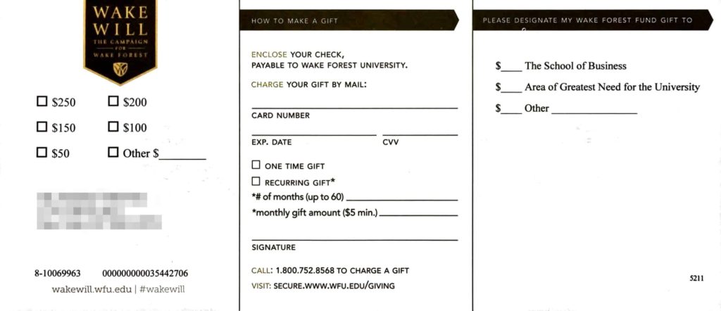 1 of 2: Attachment in the envelope for "Wake Will" giving campaign