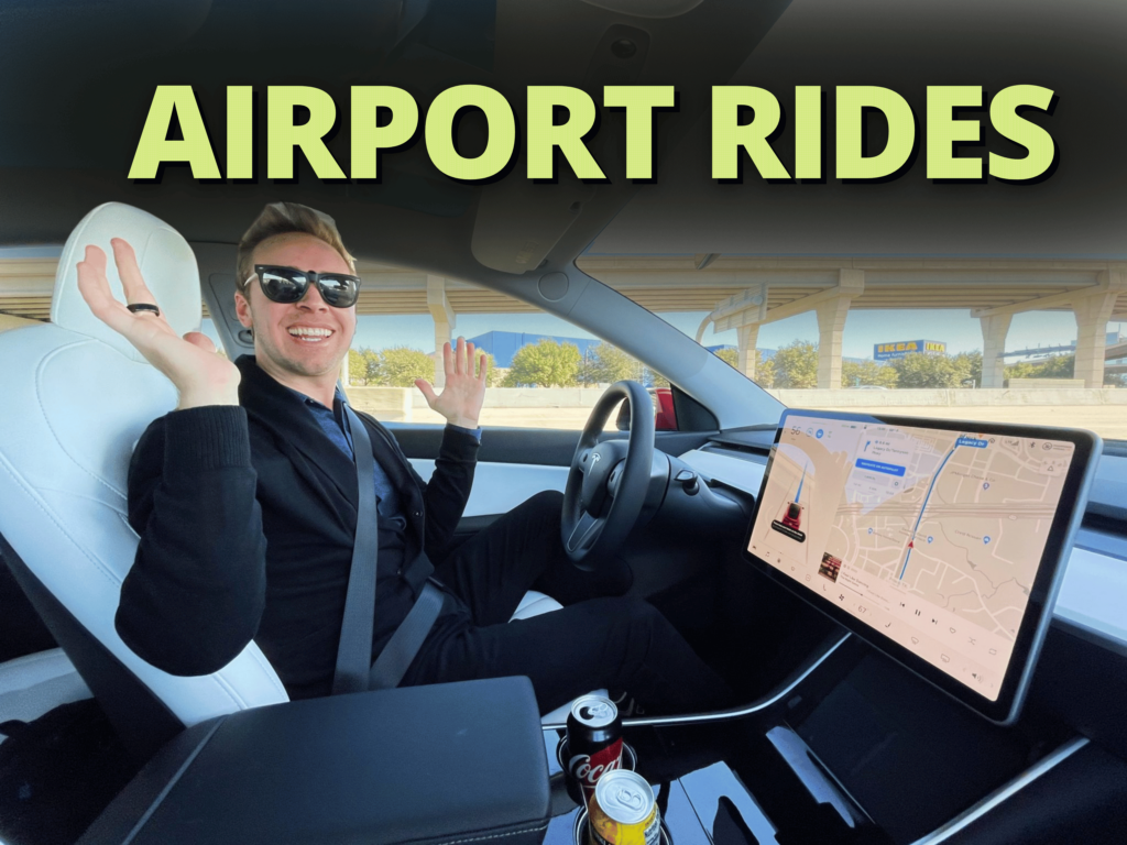 Header text: Airport Rides on top of a photo of a man inside a Model Y Tesla