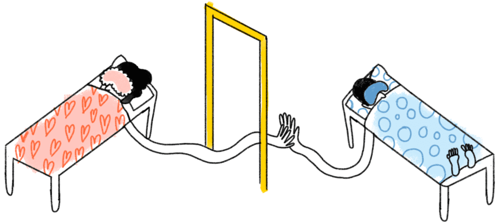 cartoon of two people sleeping in separate beds, but their hands are united
