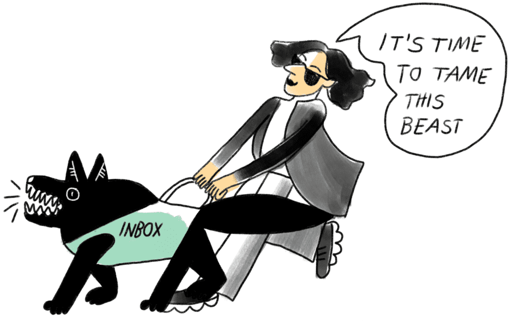 cartoon of a woman walking a dog named Inbox