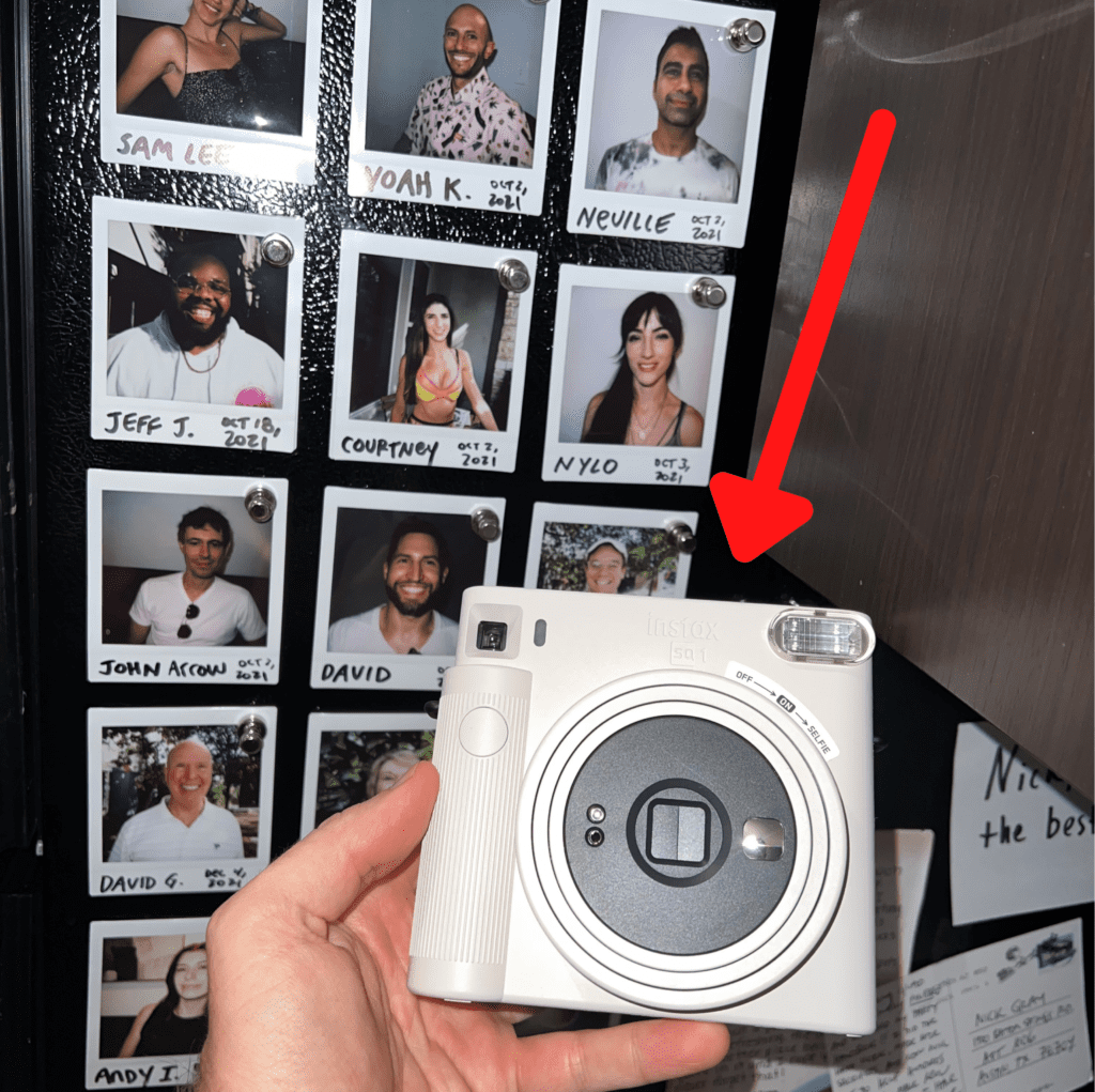 pictures of my friends on the fridge taken with the Fuji Instax camera