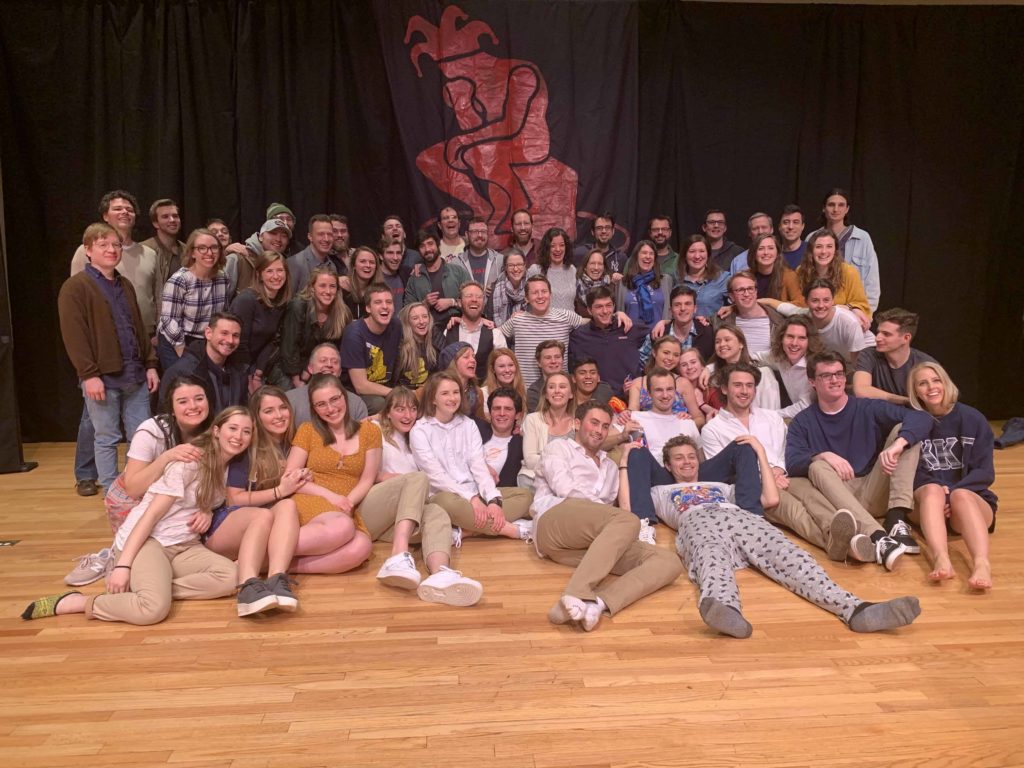 Group of about 60 people many college students from the Lilting Banshees Comedy Troupe at Wake Forest University
