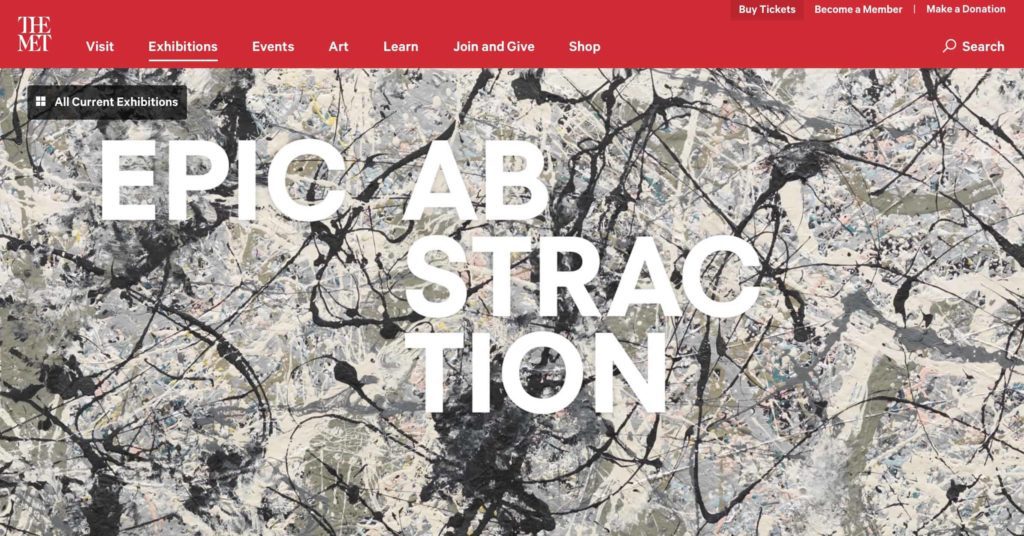 Black and white Jackson Pollock painting with the words “EPIC ABSTRACTION’ in large letters on top of it