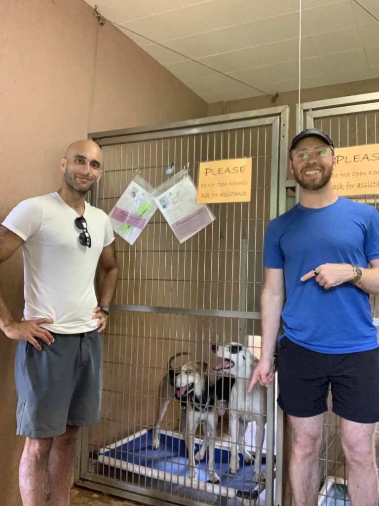 Amit and I standing outside the kennel of the shelter dog we would be working with today at the Humane Society in Kauai, Hawaii
