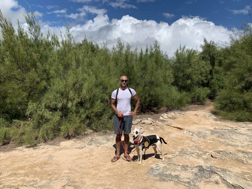 Man in shorts and short-sleeve shirt with dog on leash