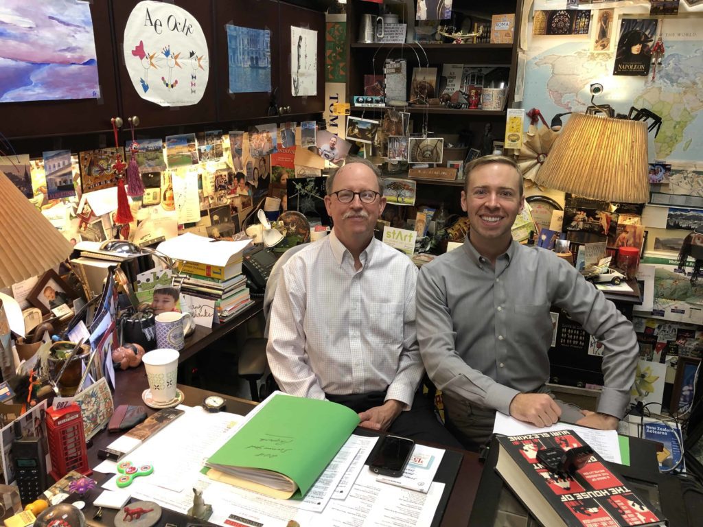 Dr. Tom Phillips and Nick Gray in Reynolda Hall of the Wake Forest University