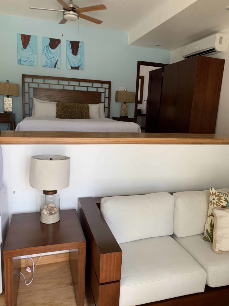 Hotel room, couch in foreground