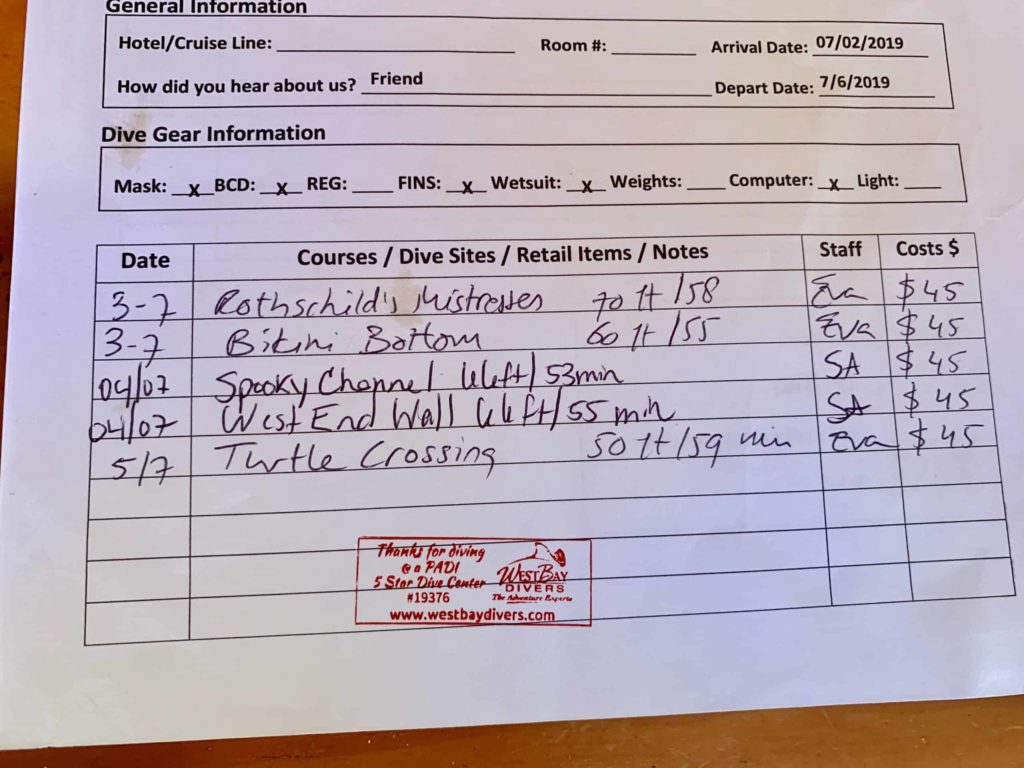 Dive log and receipt from SCUBA diving